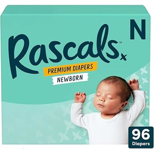 Rascals Premium Disposable Baby Diapers Newborn - 96 Count with 5 Sensitive Infant Wipes, Absorbent Core, Up to 12 Hours Protection, Gentle on Skin, Secure Fit
