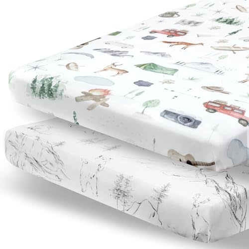 Pobibaby - 2 Pack Premium Pack N Play Sheets Fitted for Standard Pack and Plays and Mini Cribs - Ultra-Soft Cotton Blend, Stylish Woodland Pattern, Safe and Snug for Baby (Explore)