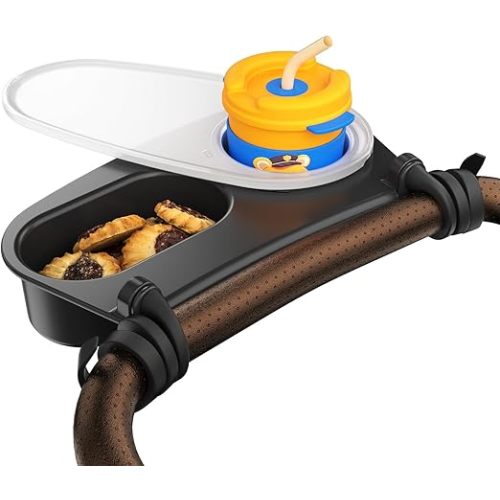 Universal Stroller Snack Tray,Cup Holder Stroller Tray with Silicone Flexible Arms Grip and Dust Cover–Fits Strollers,High Chairs,Joggers,Portable Toddler Feeding Tray for Snacks, Drinks, and Toy