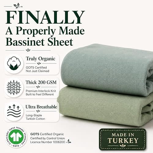 GOTS Organic Bassinet Fitted Sheets 33x20 for Maxi-COSI Iora, Koola Baby, Baby Joy, Angelbliss, Kidsclub | Luxuriously Thick 190 GSM Organic Cotton | 2-Pack Bedside Sleeper Sheets