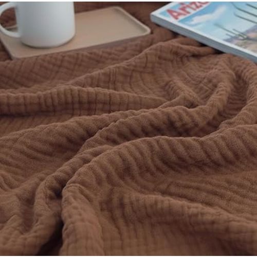 KyraHome 100% Organic Cotton Muslin Blanket, 60"x80" Large Pre-Washed Plant Dyed Lightweight Breathable Gauze Summer Throw Blankets, Couch, Adult, All Season (Brown)