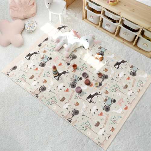 Children's Farm Animal Play Rug - Farmyard Nature Animal Carpet-Kids Room Accent Rug-Fun Beige Carpet-Playroom Area Rug-Boys Girls Floor Mat