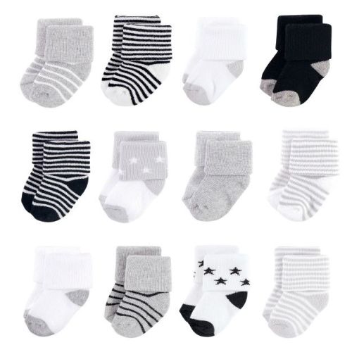 Hudson Baby Infant Cotton Rich Newborn and Terry Socks, Gray Black Stars