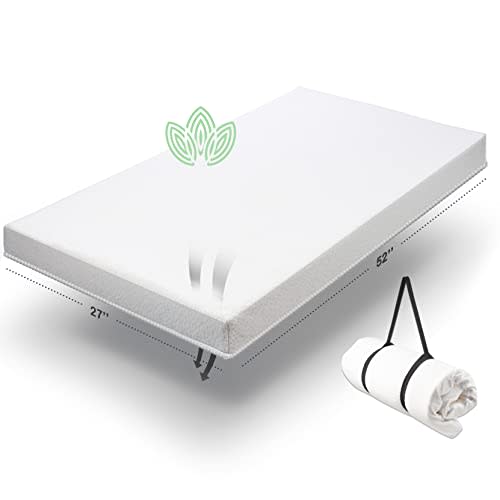Organic Cotton Toddler Mattress Topper | Ventilated 2-Inch Memory Foam CertiPUR-US Topper Pad, Waterproof & Washable Cover for Toddler Bed, Soft Padding, Nonslip Bottom, Travel Strap, 52"x27.5"x2"