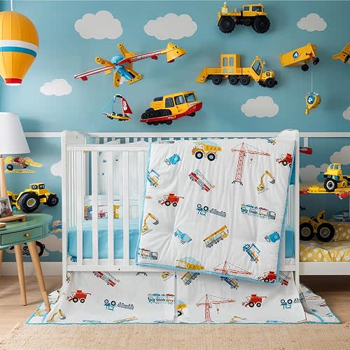 Brandream Crib Bedding Set for Boys Construction Truck Nursery Bedding Set Cotton 3 Pieces|Vehicles Excavator Car Cotton Comforter, Fitted Crib Sheet, Crib Bed Skirt| Baby Blue Yellow Red White