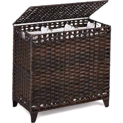 Laundry Hamper with 3 Removable Liner Bags; 132L Handwoven Rattan Laundry Basket with Lid & Heightened Feet; Clothes Hamper with Side Handles; Laundry Sorter with 3 Separate Sections (Brown)