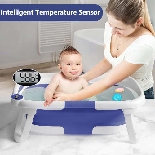 Collapsible Baby Bathtub, Folding Baby Tub with Thermometer, Cushion, 0-36 Months, Blue