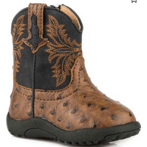 Roper Infant Boys' Jed Brown Ostrich Print Cowbabies Pre-Walker Boots - Round Toe