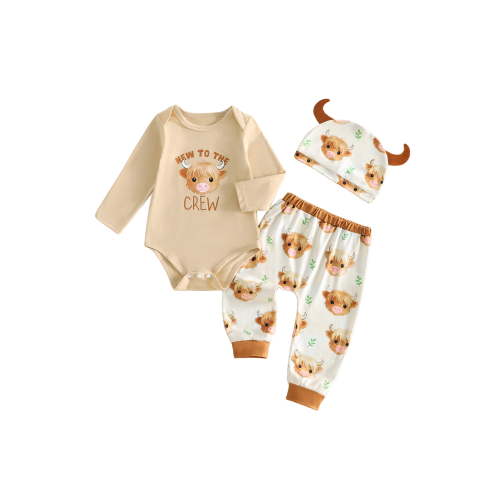 RUINIXCW Baby Boy Western Outfit Highland Cow Print Rompers and Pants Beanie Hat