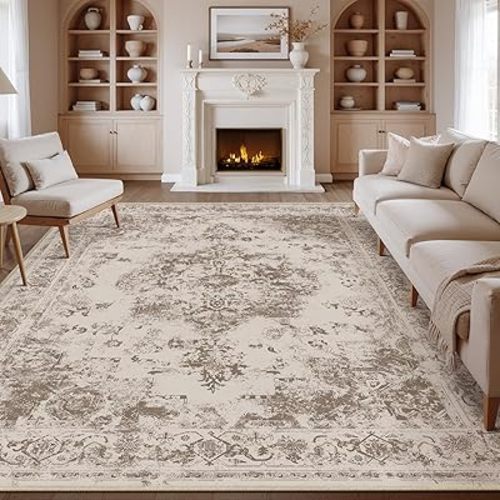 9x12 Washable Area Rug Brown Neutral Carpet for Living Room Bedroom Large Distressed Vintage Low Pile Soft Non-Slip Lightweight Vacuumable Throw Rug for Dining Room Office Kitchen