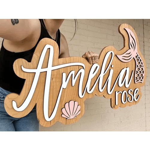 Mermaid name sign, large wood name sign, nursery name sign, mermaid nursery, above crib cut out, layered baby name sign, seashell name sign