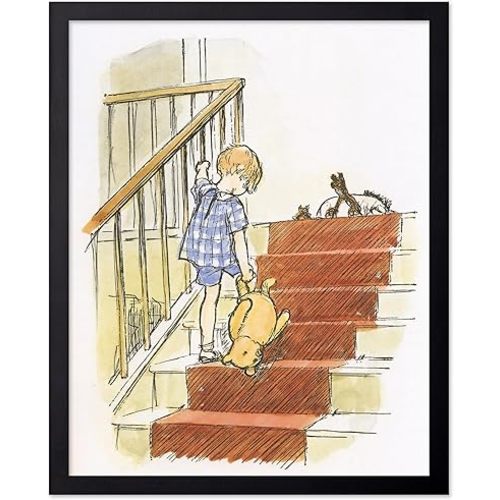 Poster Master Winnie Pooh & Christopher Robin Stairs Print - Vintage Storybook Nursery Decor - Going Up The Stairs Scene - Baby Room Aesthetic Poster - Kids Playroom Wall Decor - 8x10 Unframed Wall Art