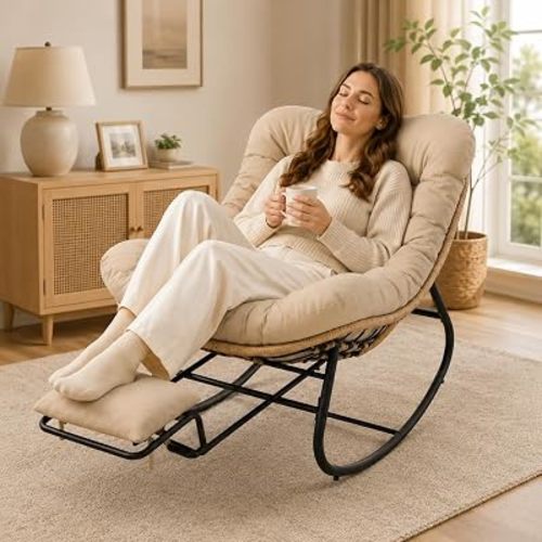 Oversized Rocking Chair with Zero-Gravity Foot Rest & Ottoman, Comfy Lounge Chair for Patio, Porch, Balcony, Indoor Reading Nook, Big Cozy Chaise Chair for Outdoor & Home Use, Beige