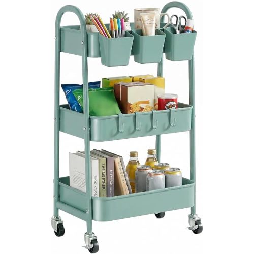 danpinera 3-Tier Rolling Cart, Utility Cart Mobile Metal Rolling Storage Cart with Lockable Wheels & Hanging Cups & Hooks for Kitchen, Bathroom, Office, Workshop, Green