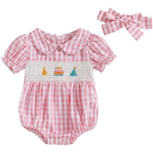 Baby Girl Birthday Outfits Infant Summer Clothes Plaid Smocked Doll Collar Bubble Short Sleeve Romper and Headband