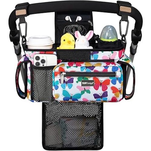 TOPDesign Universal Baby Stroller Organizer, Stroller Caddy with Detachable Mesh Bag & Heightened Insulated Cup Holders & Non-Slip Secure Hooks Accessories, Fits Most Strollers (Colorful Butterfly)