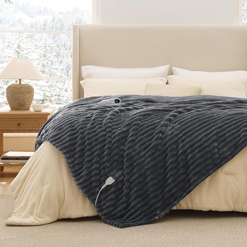 Bedsure Heated Blanket Full Size - Thick Striped Fast Heating Electric Blanket with Preheat Function, 6 Heat & 6 Timer (Up to 10H), 8H Auto Off, ETL Certified, Gift for Grandma (72"x84", Grey)