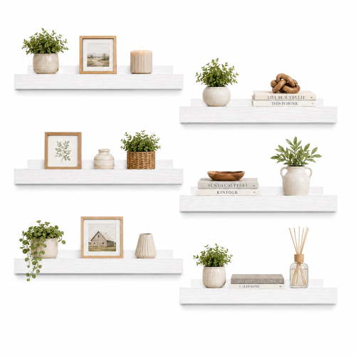 KAIWIN Floating Shelves for Wall Set of 6, 15.7In White Wall Mounted Wood Shelves for Decor Storage