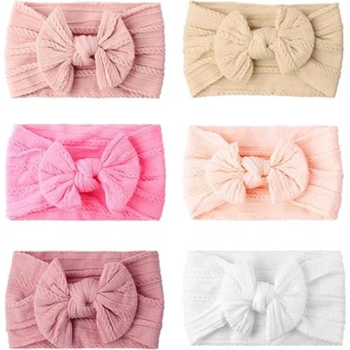 Baby Headbands, Girls Headbands with Bows with Bows, Soft Stretchy Nylon Hair Bands Hair Accessories for Newborn Infant Toddler (6 Pack,Bow,Beige)