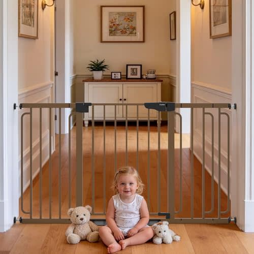 Cumbor 30.4-56.8" Extra Wide Baby Gate for Stairs, Dual Lock & Self-Closing Dog Gate Indoor, Easy Install Pet Gate for Doorways & Wide Openings, Easy Walk Thru Safety Proofing for Babies & Pets, Brown