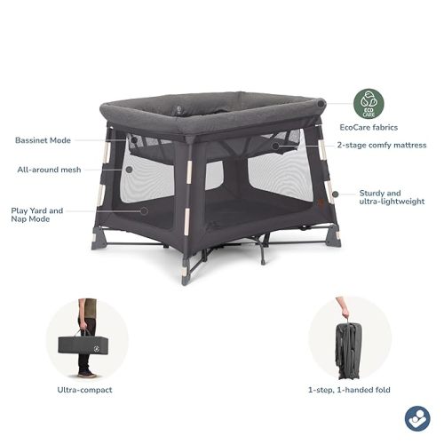Maxi-Cosi Swift Baby Playard with Mat, Baby Playpen, Play Yard with Bassinet, Portable Playpen for Babies and Toddlers, Classic Graphite