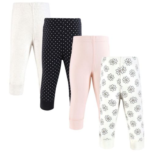 Hudson Baby Infant Girls Cotton Pants and Leggings 4-Pack, Neutral Daisy, 9-12 Months