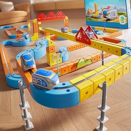 Electric Train Set Flexible Race Track, Flexible Magnetic Train Track with Electric Trains, Gravity-Defying Building Car Tracks for Adult, DIY Embedded Layouts Traffic Signs Gift(81set)