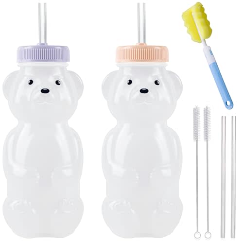 Honey Bear Straw Cups, Juice Bear Bottle Drinking Cup Long Straws with 4 Flexible Straws & Cleaning Tools, 8-Ounce Therapy Sippy Bottles for Speech and Feeding Training, Food-Grade & BPA Free 2 Pack