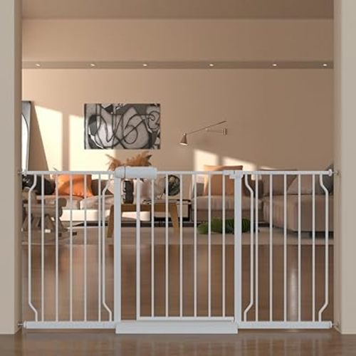 57.5"-62" Extra Wide Auto Closing Baby Safety Gate for Stairs & Doorways, Pressure Mounted No Drill Pet Gate with Walk-Through Door - Heavy Duty Childproof Gate for Toddlers, Kids, Dogs (White)