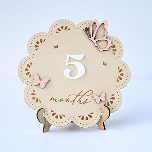 Wooden Baby Monthly Milestone Sign, Pink Butterfly Design, Nursery Photo Prop, Interchangeable Number 1-12 (Butterfly)