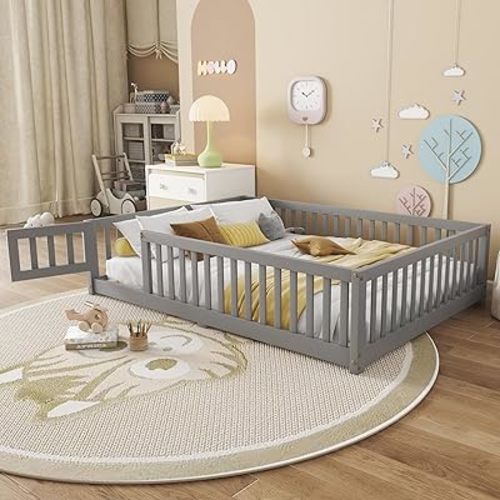 Full Size Montessori Floor Bed with Slats, Center Support Bar, Fence and Door - Gray