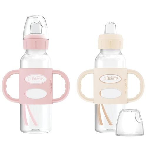 Dr. Brown's Milestones Narrow Sippy Spout Bottle with 100% Silicone, Easy-Grip Handles and Soft Sippy Spout, 8oz/250mL, Light Pink and Ecru, 2-Pack, 6m+