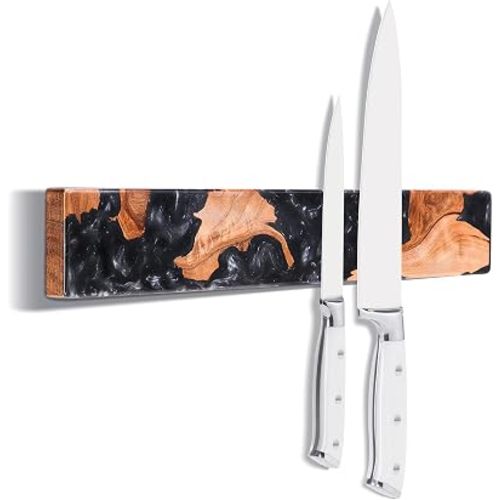 ENOKING Magnetic Knife Holder for Wall 16 Inch, Acacia Burl Wood & Black Resin Magnetic Knife Strip Bar, Powerful Magnet Kitchen Knife Storage Rack, Space-Saving Wall Mounted Organizer