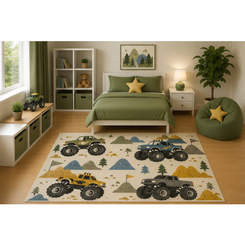 5' x 7' Kids Area Rug Monster Truck Adventure Rug Off Road Pickup Mountain Bedroom Playroom Decor for Boys Nursery Non-Slip Silicone Backing Low Pile | Wayfair