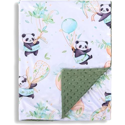 Baby Blanket for Boys Girls Soft Minky with Double Layer Dotted Backing, Cartoon Printed 30 x 40 Inch Toddler Blanket (Panda)