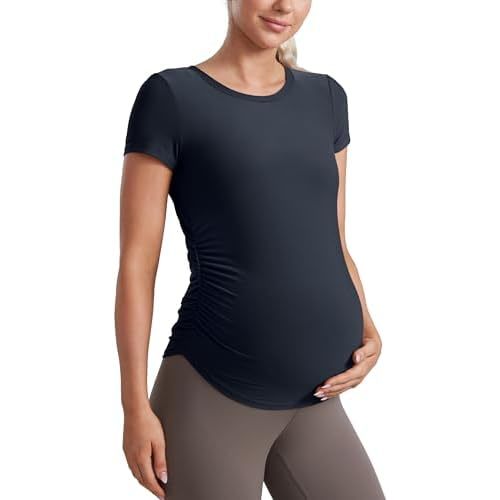 CRZ YOGA Cloudweight Maternity Shirts for Women Pregnancy Short Sleeve Side Ruched Tops Soft Workout Casual Athletic T-Shirt