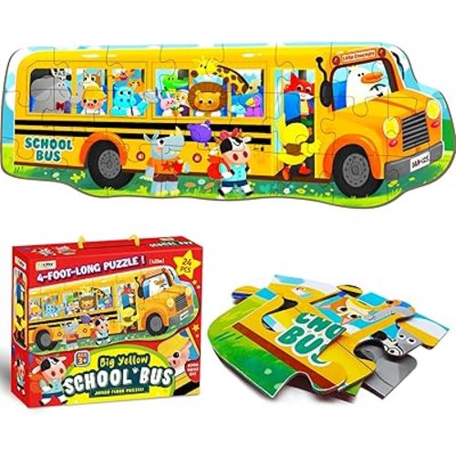 Extra-Large School Bus Floor Puzzle for Kids – 4 Foot Long 24 Piece Jumbo Puzzle for Ages 3-8 | Thick Educational Preschool Learning Toy | Birthday Gift for Boys Girls