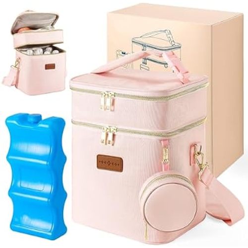 Breastmilk Cooler Bag with Ice Pack, Double Layer Baby Bottle Cooler Bag for 6 Bottles, Insulated Breast Milk Cooler for Daycare, Work & Travel, with Pacifier Case