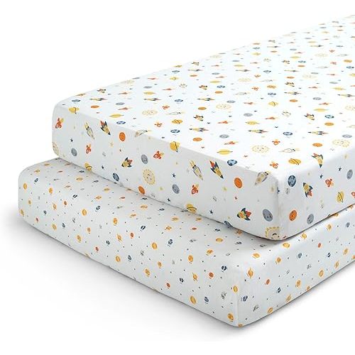 Delta Children Fitted Crib Sheets for Girls and Boys - Crib Sheet for Standard Crib and Toddler Mattresses - 28x52 Inch (Pack of 2), Space Exploration