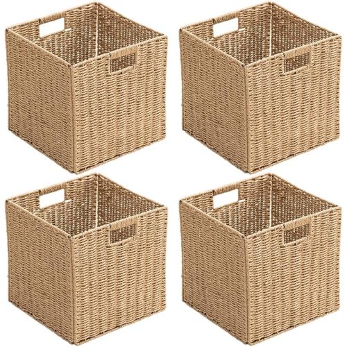 Handwoven Paper Woven Cube Basket Organizer with Handles set of 4 Foldable Storage baskets for Bedroom Living Room Cubby Storage Units for Clothes Books Toys (Natural, 13" L x 13" W x 13" H)