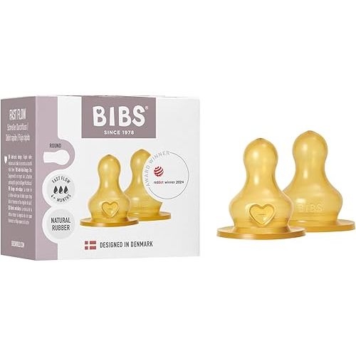 BIBS Bottle Nipple 2-Pack. Anti-Colic. Extra Nipples for BIBS Baby Bottles. Round Nipple. - Natural Rubber Latex, Fast Flow