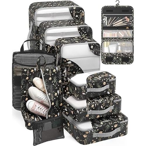 ALL INCLUDED 10 Set Durable Packing Cubes for Suitcases,OlarHike Essentials for Travel,UPGRADED Anti-Tear Stitching, NEW Improved Luggage Packing Organizers for Travel Accessories, Black Flower