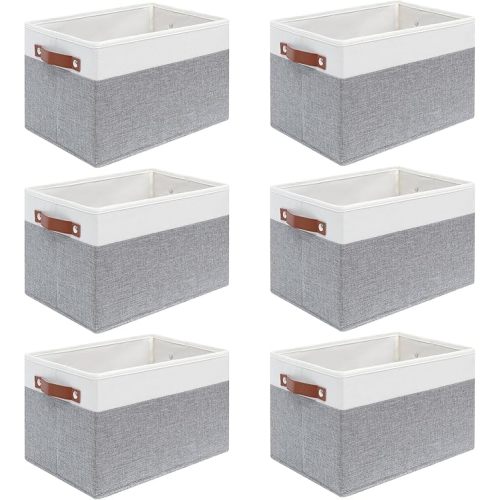 6 Pack Fabric Storage Baskets for Shelves , Closet Storage Bins for Shelves, Fabric Baskets for Organizing with Handles for Home and Office (White with Grey,15" L*10.2" W*9" H)