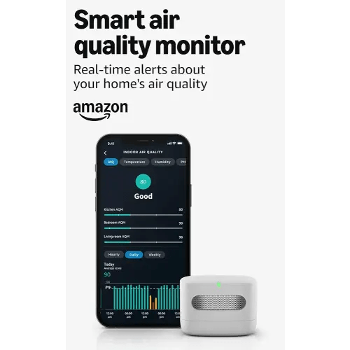 Amazon Smart Air Quality Monitor, Detects temperature, humidity, carbon monoxide, PM2.5 and VOCs, Get notifications when air quality drops, Works with Alexa