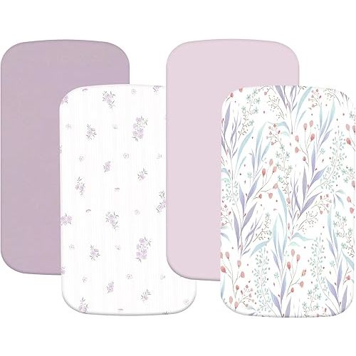 4 Pack Bassinet Fitted Sheets Compatible with 21" x 35" Amke, Ezebaby, Evolur Stellar and Mereryi Baby Bassinet, Soft and Skin-Friendly, Purple Flower