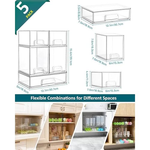 Baby Bottle Organizer for Countertop with Dust Protection, 5Pack Stackable Baby Organizers and Storage for Bottles, Clear Acrylic Container with Drawer for Kitchen, Cabinet, Vanity, Bathroom, Pantry