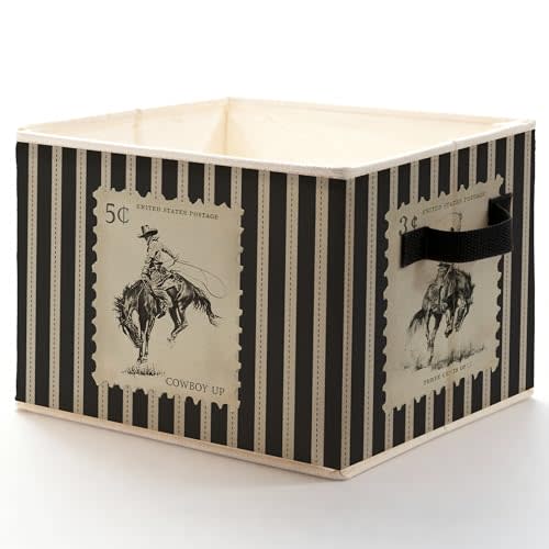 Vintage Western Cowboy Storage Bins Box, Toybox for Boys, Retro Striped Cowboy Bucking Horse Foldable Baskets Organizer with Handles for Bedroom Bathroom Home Clothes Toys Books