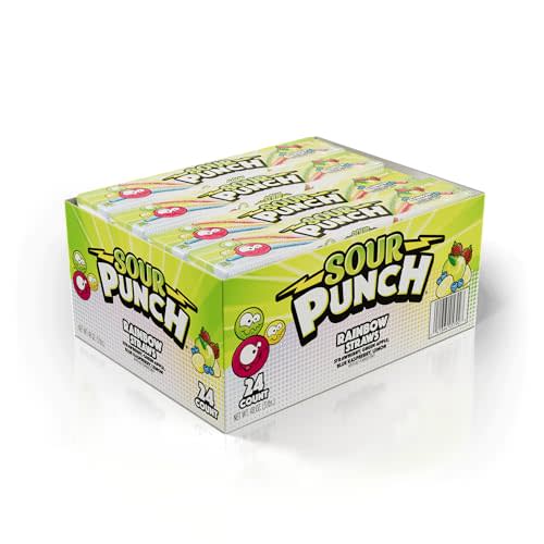 Sour Punch Straws, Rainbow Fruit Flavors, Chewy Sweet & Sour Candy, 2oz Tray (24 Pack)
