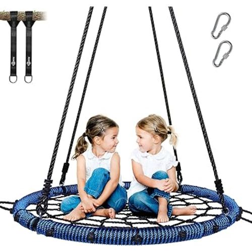 Trekassy 750lbs 40" Spider Web Saucer Tree Swing for Kids Adults, Outdoor Net Swing with Steel Frame and 2 Hanging Straps-Blue