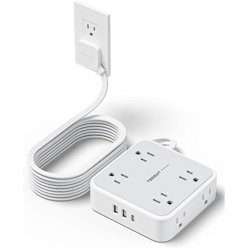 Surge Protector Power Strip 15 Ft Cord, TESSAN 8 Widely Spaced Outlets, 3 USB Charger(1 USB C Port), Ultra Thin Flat Plug Extension Cord 15 Feet, 900J Surge Protection for Home, Dorm Room Essentials